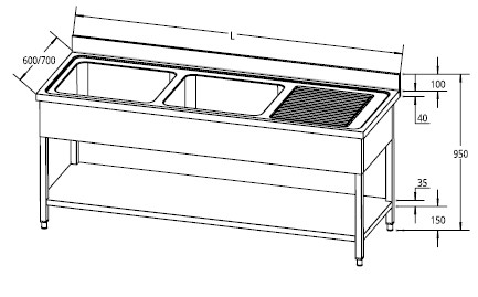 Lavelli aperti - 2 vasche - con ripiano inferiore e sgocciolatoio - profondità 600 mm - immagine 2